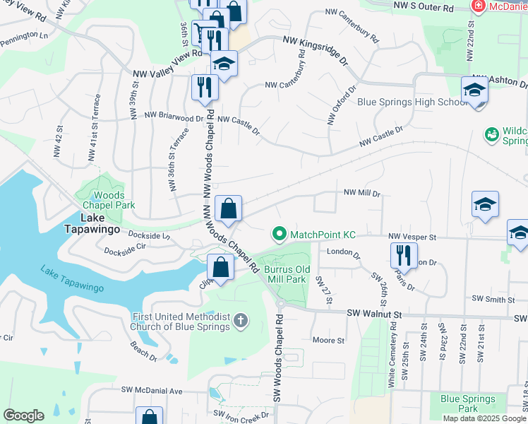 map of restaurants, bars, coffee shops, grocery stores, and more near 3229 Northwest Mill Drive in Blue Springs