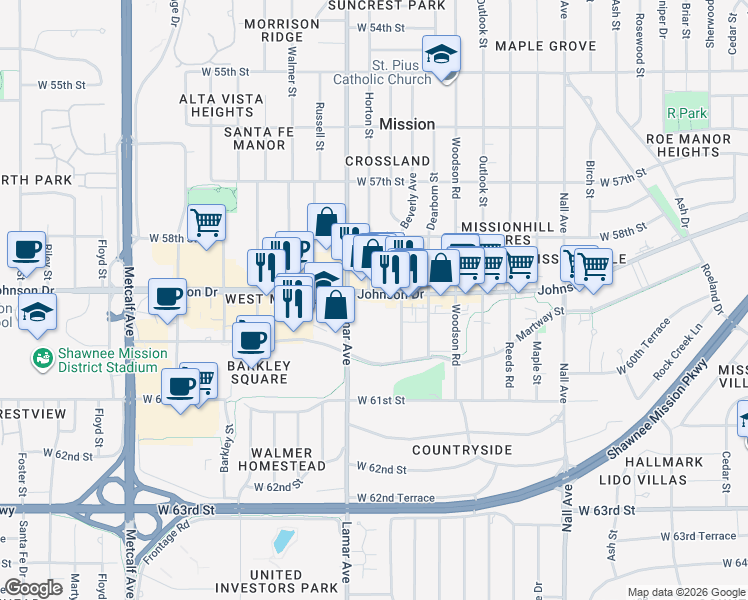 map of restaurants, bars, coffee shops, grocery stores, and more near 6201 Johnson Drive in Mission