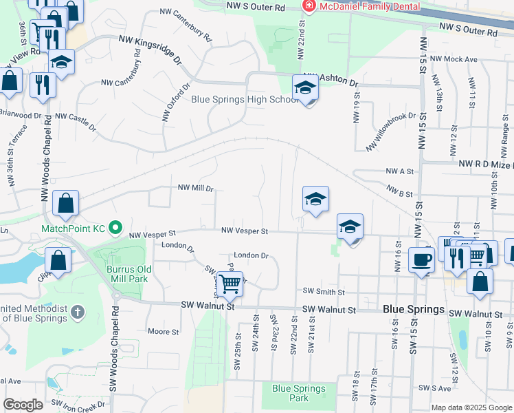 map of restaurants, bars, coffee shops, grocery stores, and more near 405 Northwest Fox Hollow Lane in Blue Springs