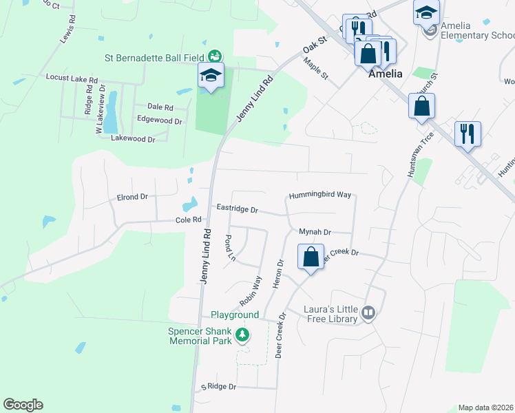 map of restaurants, bars, coffee shops, grocery stores, and more near 12 Eastridge Drive in Amelia