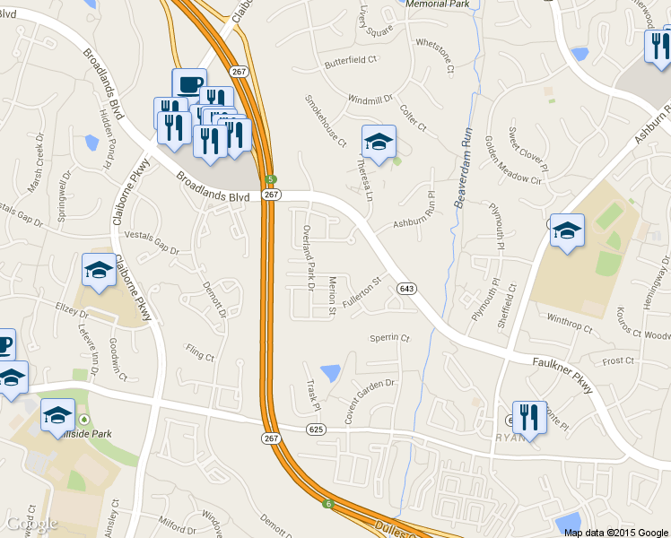map of restaurants, bars, coffee shops, grocery stores, and more near 43316 Markham Place in Ashburn