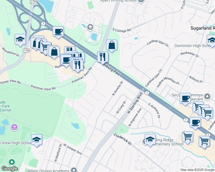 map of restaurants, bars, coffee shops, grocery stores, and more near 46565 Leesburg Pike in Sterling
