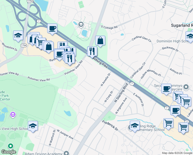 map of restaurants, bars, coffee shops, grocery stores, and more near 46565 Leesburg Pike in Sterling
