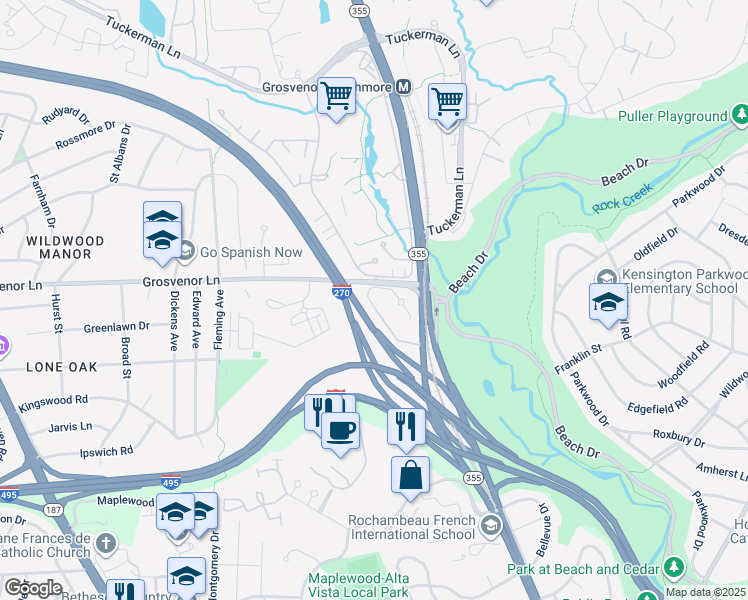 map of restaurants, bars, coffee shops, grocery stores, and more near 5201 King Charles Way in Bethesda