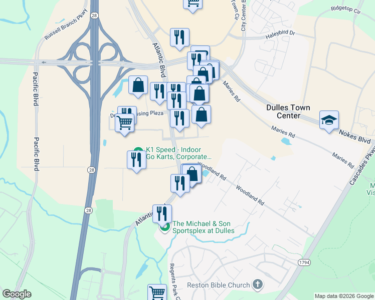 map of restaurants, bars, coffee shops, grocery stores, and more near 45600 Woodland Road in Sterling