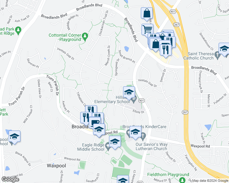 map of restaurants, bars, coffee shops, grocery stores, and more near 21498 Arbor Glen Court in Broadlands