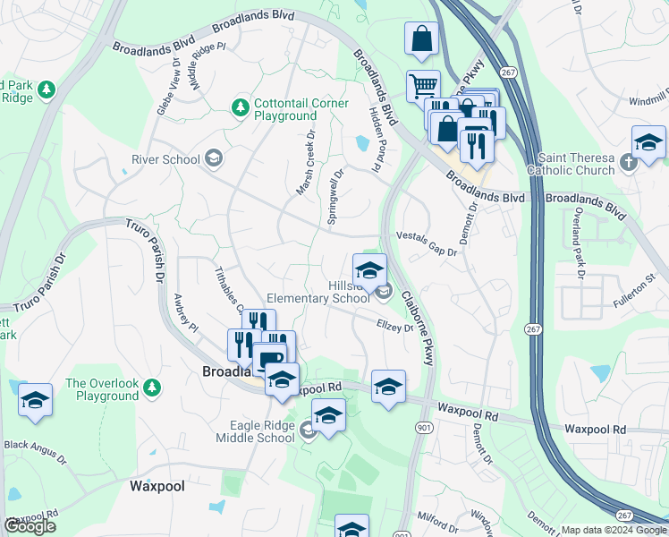 map of restaurants, bars, coffee shops, grocery stores, and more near 21513 Thornhill Place in Broadlands