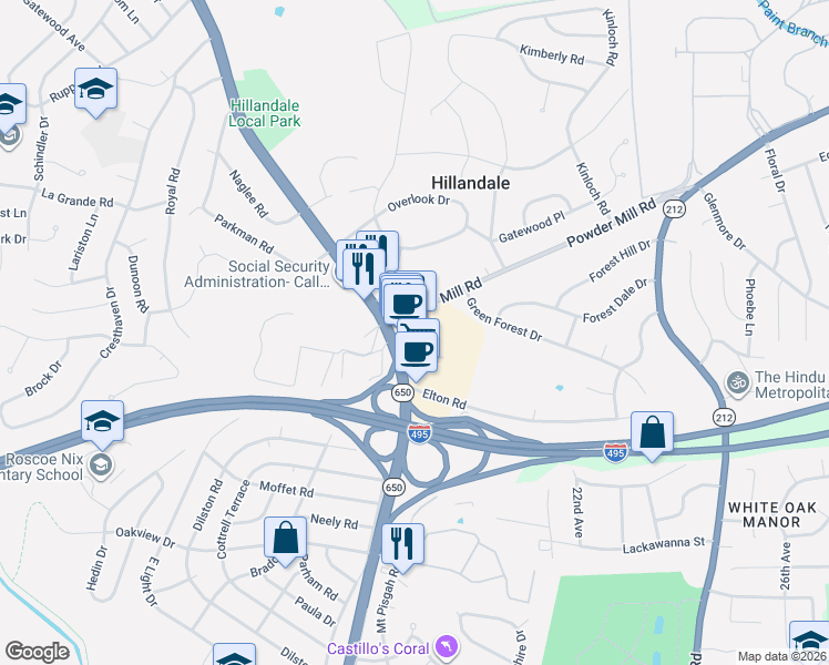 map of restaurants, bars, coffee shops, grocery stores, and more near 10207 Greenacres Drive in Silver Spring