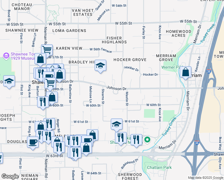 map of restaurants, bars, coffee shops, grocery stores, and more near 5904 Brittany Street in Shawnee