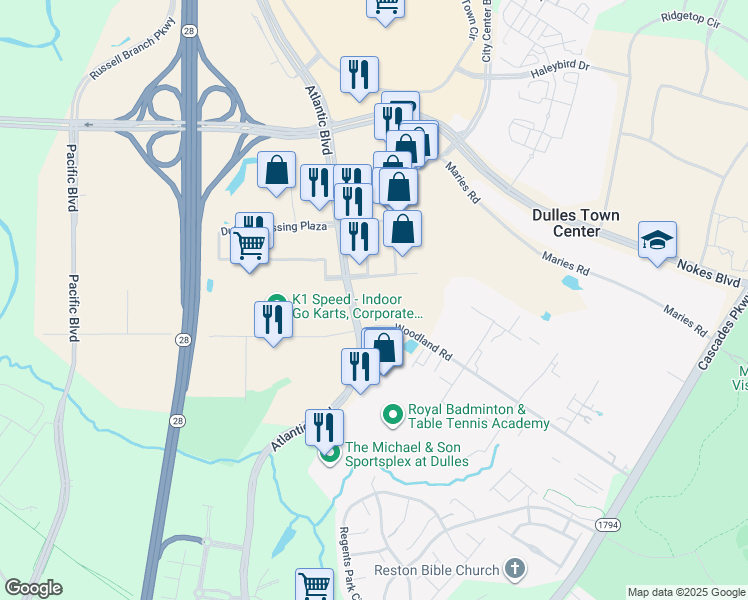 map of restaurants, bars, coffee shops, grocery stores, and more near 45600 Woodland Road in Sterling