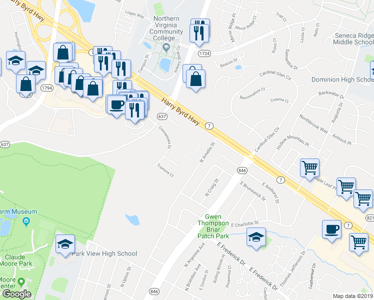 map of restaurants, bars, coffee shops, grocery stores, and more near 46565 Harry Byrd Highway in Sterling