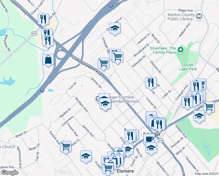 map of restaurants, bars, coffee shops, grocery stores, and more near 459 Commonwealth Avenue in Erlanger