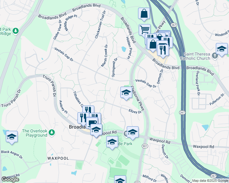map of restaurants, bars, coffee shops, grocery stores, and more near 21513 Thornhill Place in Broadlands