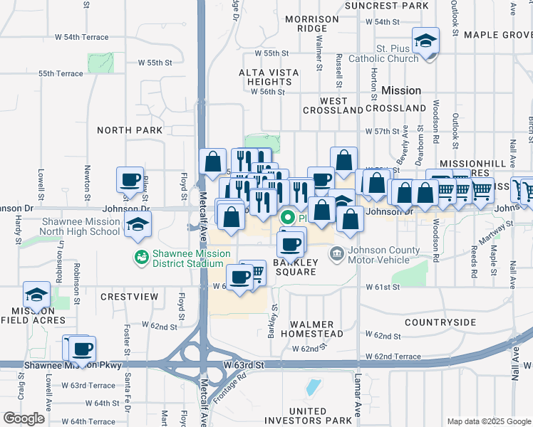 map of restaurants, bars, coffee shops, grocery stores, and more near 5885-5899 Barkley Street in Mission