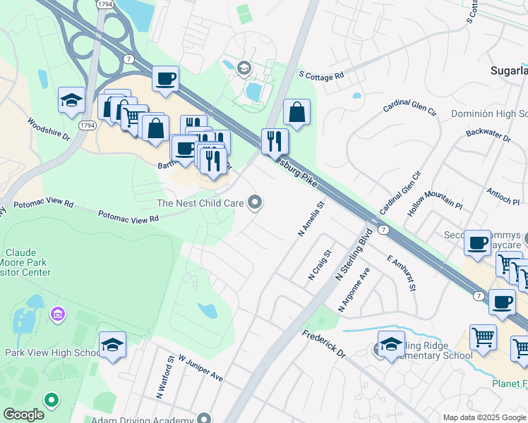 map of restaurants, bars, coffee shops, grocery stores, and more near 114 Connemara Drive in Sterling