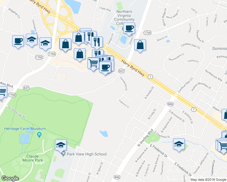 map of restaurants, bars, coffee shops, grocery stores, and more near 21386 Potomac View Road in Sterling