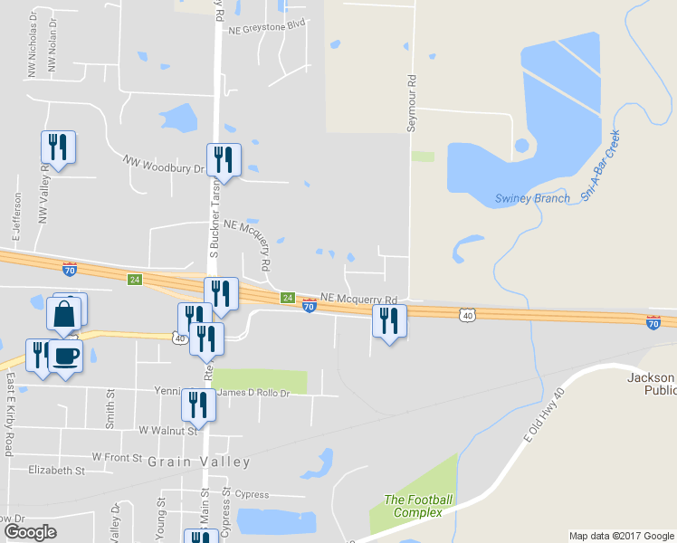 map of restaurants, bars, coffee shops, grocery stores, and more near 1006 Northeast Deer Creek Road in Grain Valley