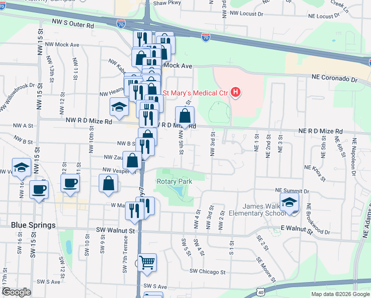map of restaurants, bars, coffee shops, grocery stores, and more near 505 Northwest 5th Street in Blue Springs