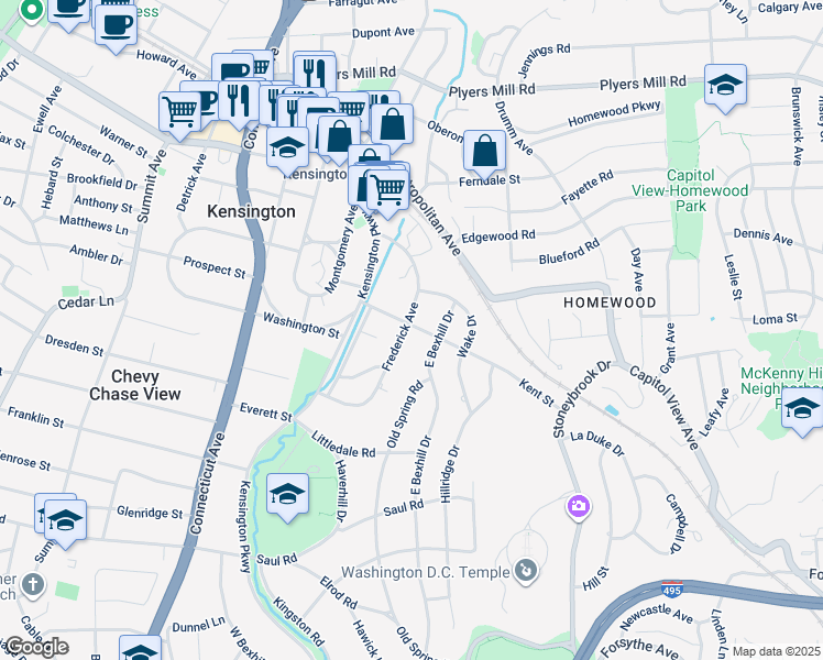 map of restaurants, bars, coffee shops, grocery stores, and more near 10119 Frederick Avenue in Kensington