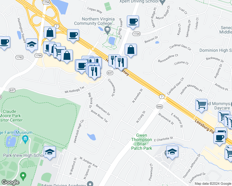 map of restaurants, bars, coffee shops, grocery stores, and more near 114 Connemara Drive in Sterling