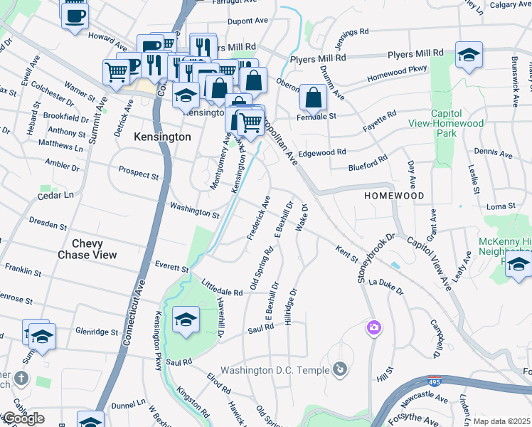 map of restaurants, bars, coffee shops, grocery stores, and more near 10119 Frederick Avenue in Kensington