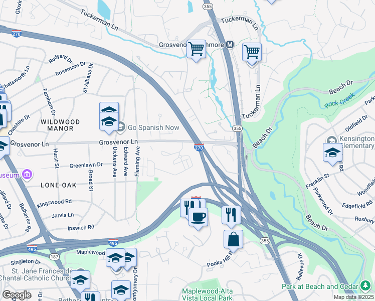 map of restaurants, bars, coffee shops, grocery stores, and more near 10155 Laureate Way in Bethesda