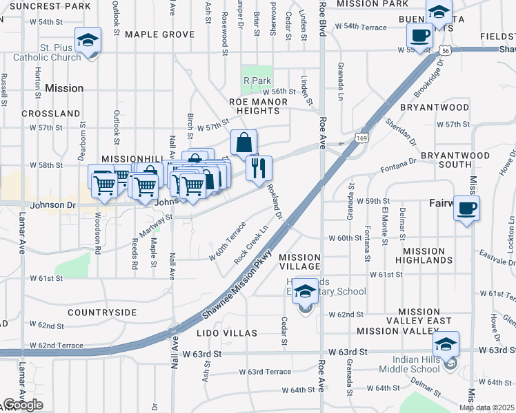 map of restaurants, bars, coffee shops, grocery stores, and more near 4976 West 60th Terrace in Mission
