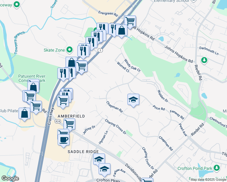 map of restaurants, bars, coffee shops, grocery stores, and more near 1599 Chapman Road in Crofton