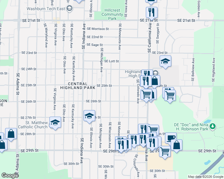 map of restaurants, bars, coffee shops, grocery stores, and more near 1600 Southeast 25th Street in Topeka