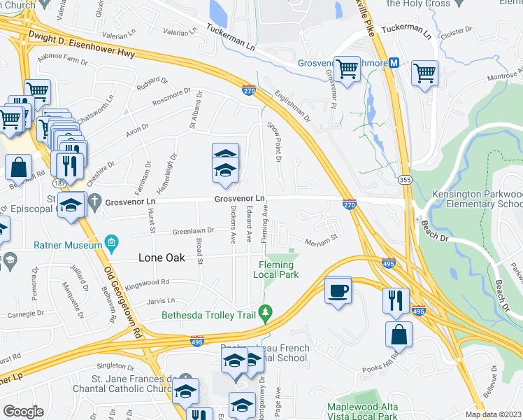 map of restaurants, bars, coffee shops, grocery stores, and more near 10110 Fleming Avenue in Bethesda