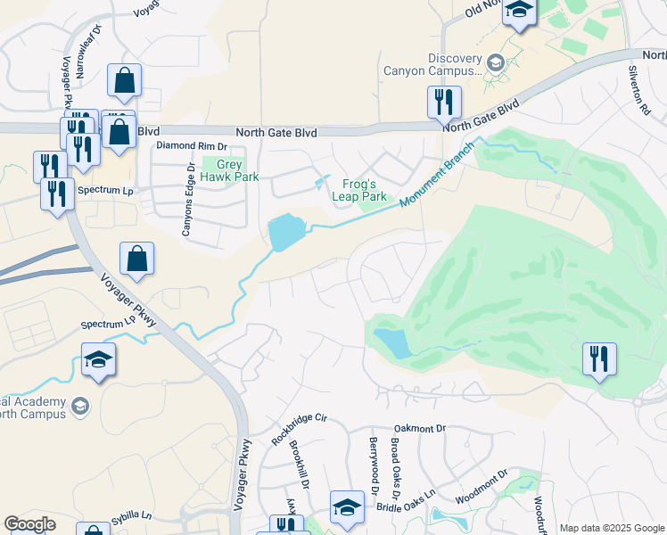 map of restaurants, bars, coffee shops, grocery stores, and more near 1370 Spy Valley Road in Colorado Springs