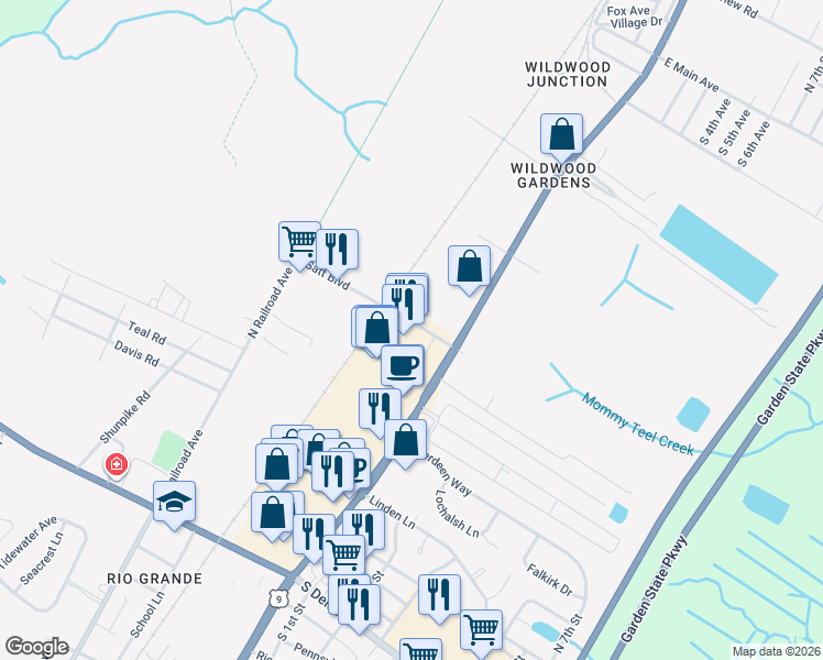 map of restaurants, bars, coffee shops, grocery stores, and more near 3141 Route 9 South in Middle Township