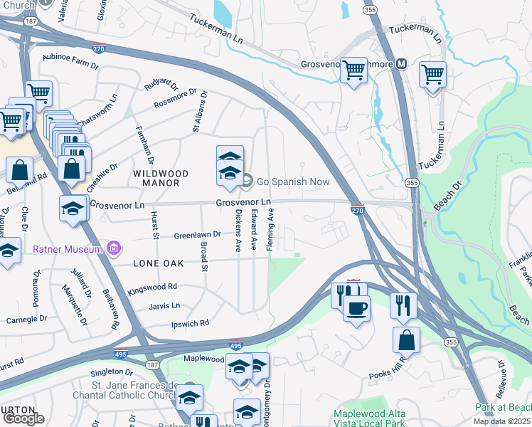 map of restaurants, bars, coffee shops, grocery stores, and more near 10110 Fleming Avenue in Bethesda