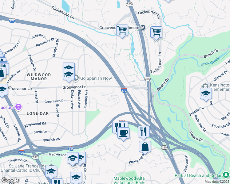map of restaurants, bars, coffee shops, grocery stores, and more near 10155 Laureate Way in Bethesda