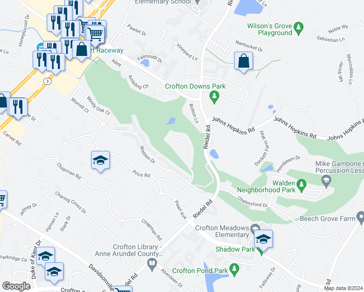 map of restaurants, bars, coffee shops, grocery stores, and more near 1503 Shadywood Court in Crofton