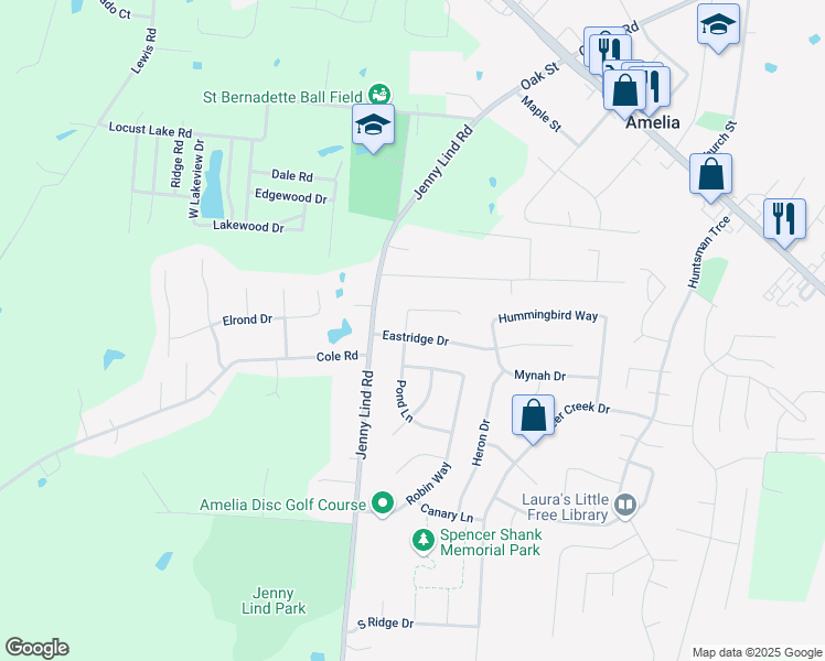 map of restaurants, bars, coffee shops, grocery stores, and more near 2 Eastridge Drive in Amelia