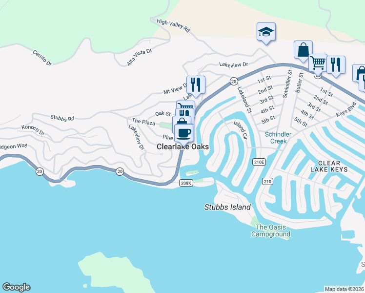 map of restaurants, bars, coffee shops, grocery stores, and more near 12482 Foothill Boulevard in Clearlake Oaks