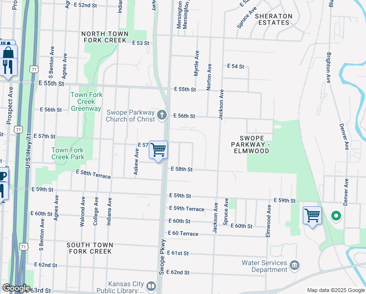 map of restaurants, bars, coffee shops, grocery stores, and more near 3818 East 57th Street in Kansas City