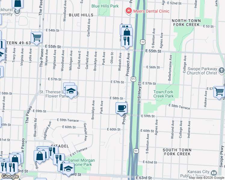 map of restaurants, bars, coffee shops, grocery stores, and more near 5712 Wabash Avenue in Kansas City