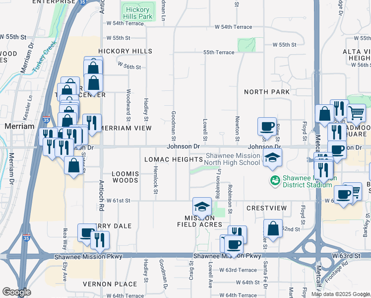 map of restaurants, bars, coffee shops, grocery stores, and more near 8000 Johnson Drive in Mission