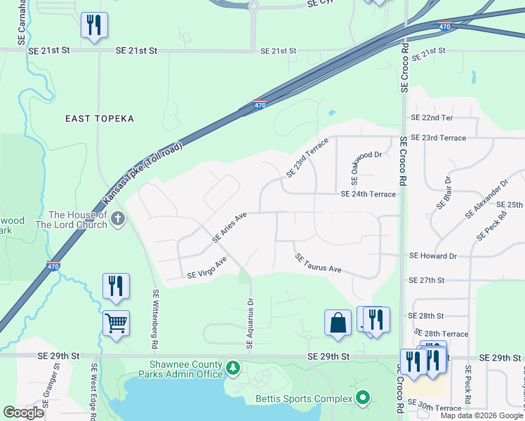 map of restaurants, bars, coffee shops, grocery stores, and more near 3307 Southeast 24th Terrace in Topeka