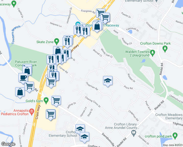 map of restaurants, bars, coffee shops, grocery stores, and more near 1599 Chapman Road in Crofton