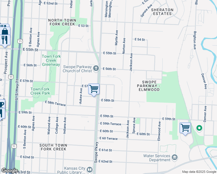 map of restaurants, bars, coffee shops, grocery stores, and more near 3818 East 57th Street in Kansas City