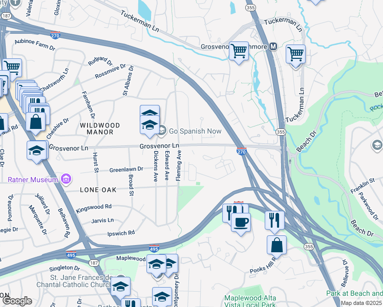 map of restaurants, bars, coffee shops, grocery stores, and more near 5510 Grosvenor Lane in Bethesda
