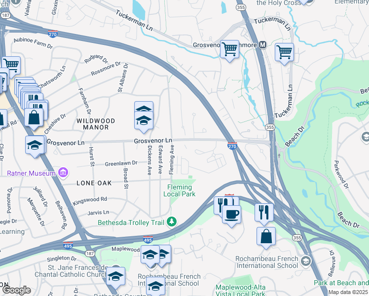map of restaurants, bars, coffee shops, grocery stores, and more near 5510 Grosvenor Lane in Bethesda