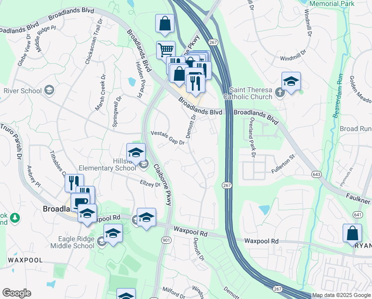 map of restaurants, bars, coffee shops, grocery stores, and more near 43146 Huntsman Square in Ashburn