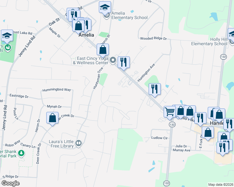 map of restaurants, bars, coffee shops, grocery stores, and more near 16 Parkwood Place in Amelia