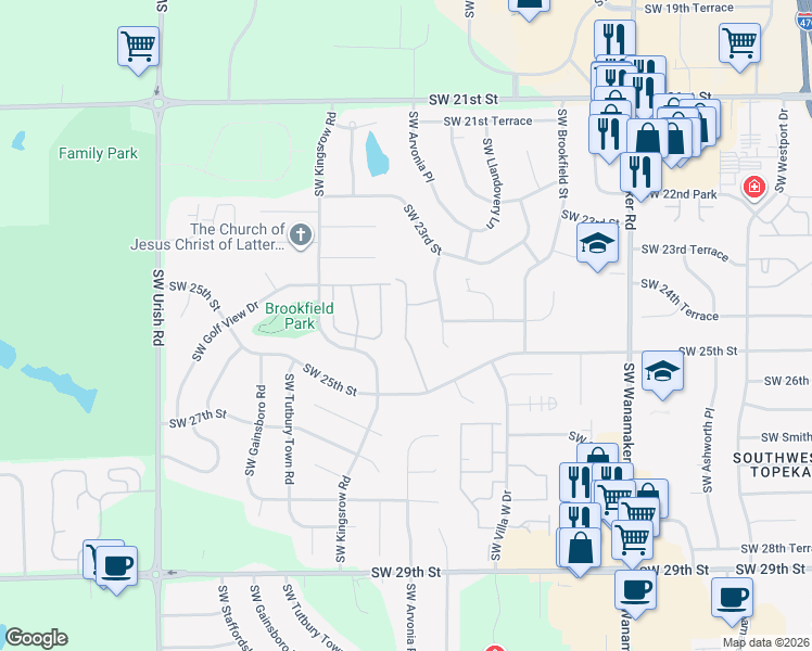 map of restaurants, bars, coffee shops, grocery stores, and more near 2422 Southwest Brookhaven Lane in Topeka