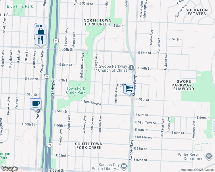 map of restaurants, bars, coffee shops, grocery stores, and more near 5663 Bales Avenue in Kansas City