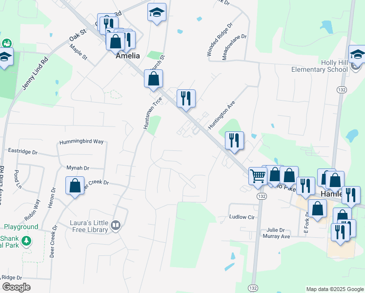 map of restaurants, bars, coffee shops, grocery stores, and more near 22 Parkwood Pl in Amelia